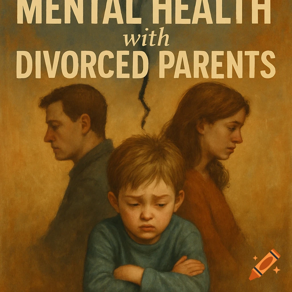 Painting of a sad child with dissolving figures of parents and text about mental health and divorce.