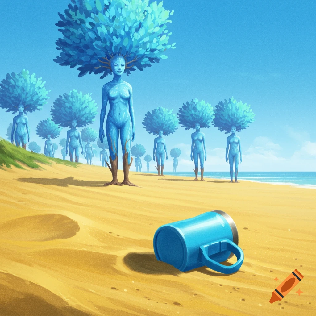 Surreal image of blue figures with tree heads on a sandy beach with a blue tumbler.