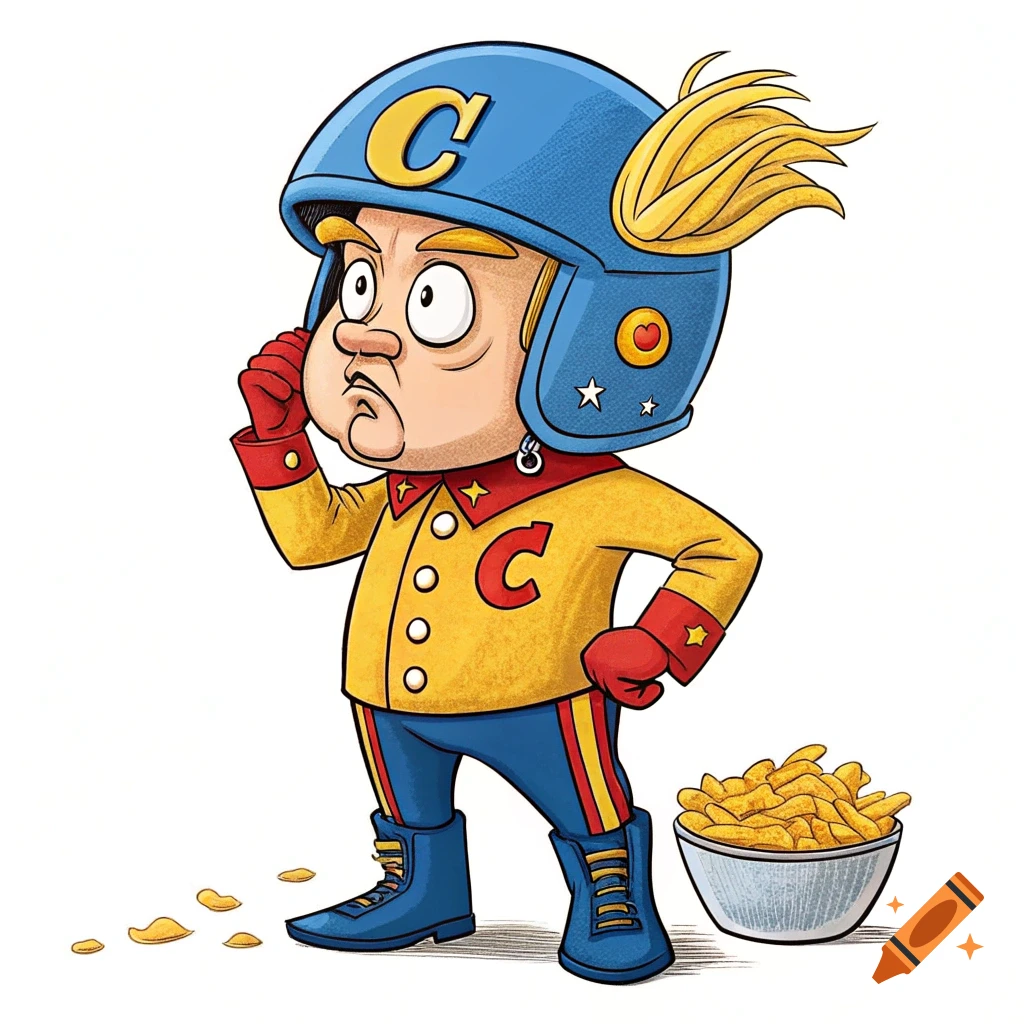 Cartoon character resembling Donald Trump dressed as Captain Crunch holding a bowl of snacks.