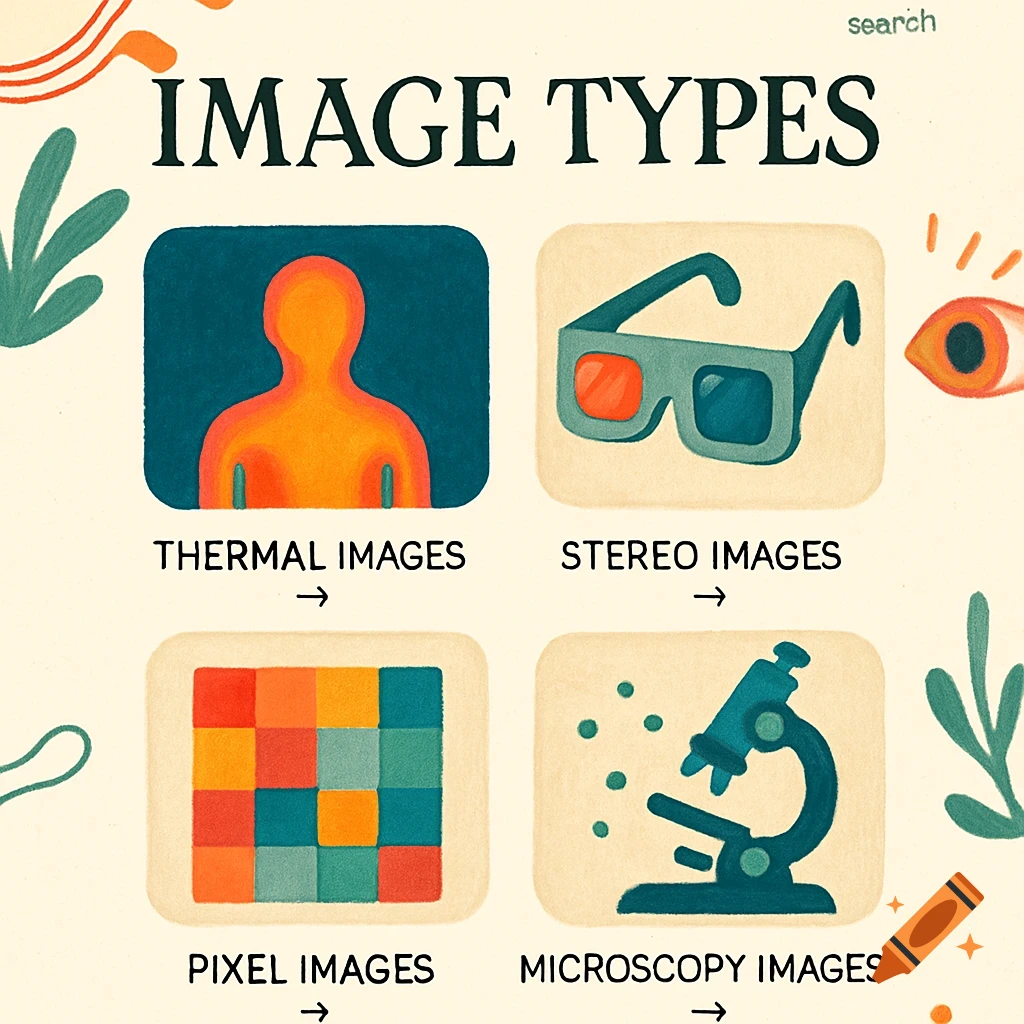 Illustration showing thermal, stereo, pixel, and microscopy image types