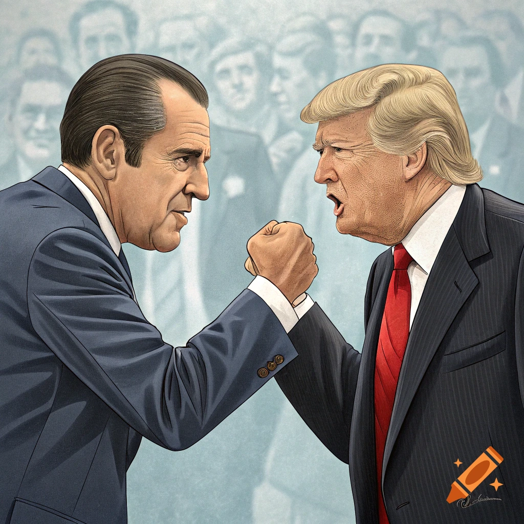 Caricature of Richard Nixon and Donald Trump with clasped fists.