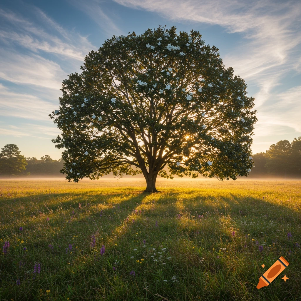 A large tree with white flowers in a sunny meadow with mist in the background.