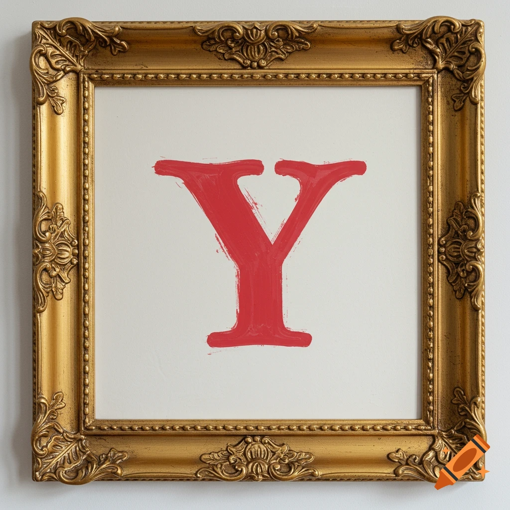 A red letter Y in a golden frame on a white wall.