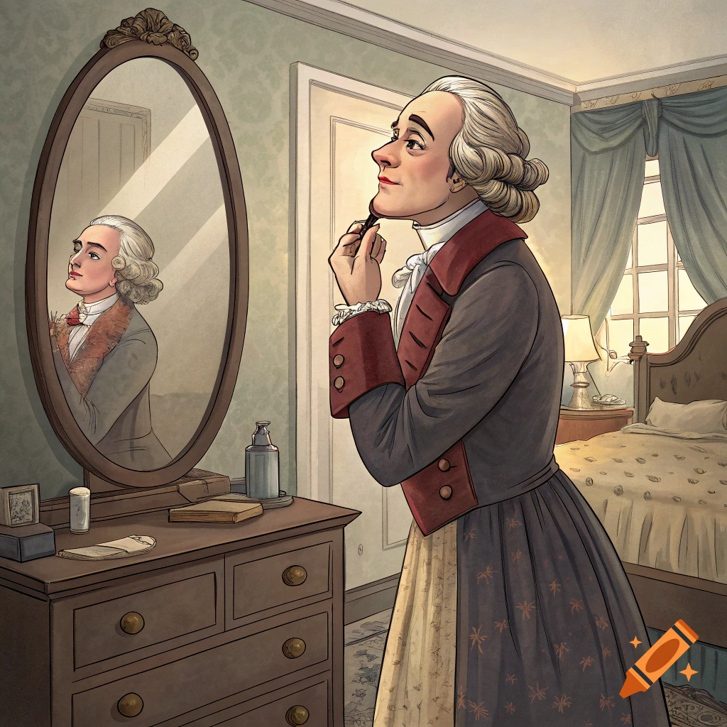 Illustration of a person in historical attire and wig applying makeup in a mirror in a bedroom.