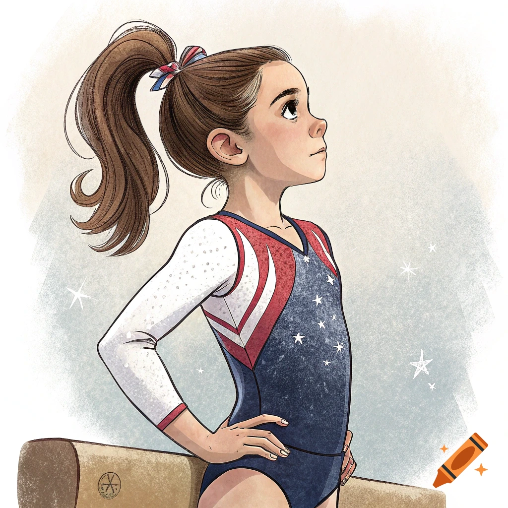 Illustration of a young gymnast in a patriotic leotard standing on a balance beam, looking up.