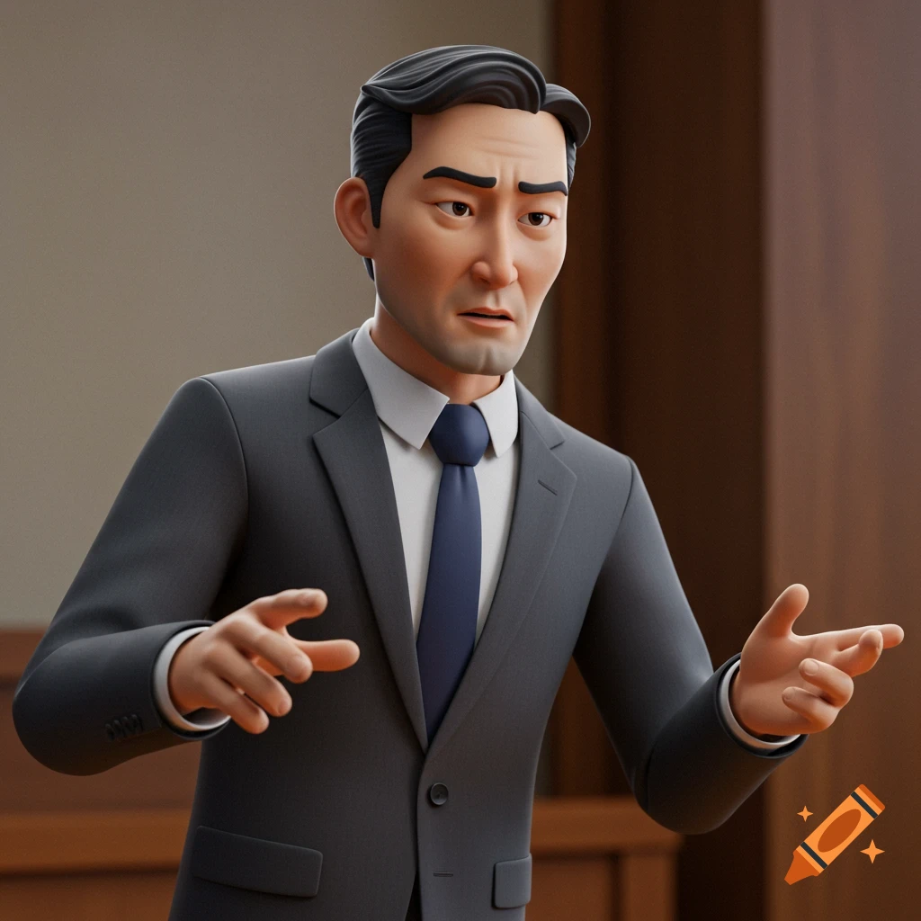 An animated character depicting a lawyer in a suit gesturing with his hands.