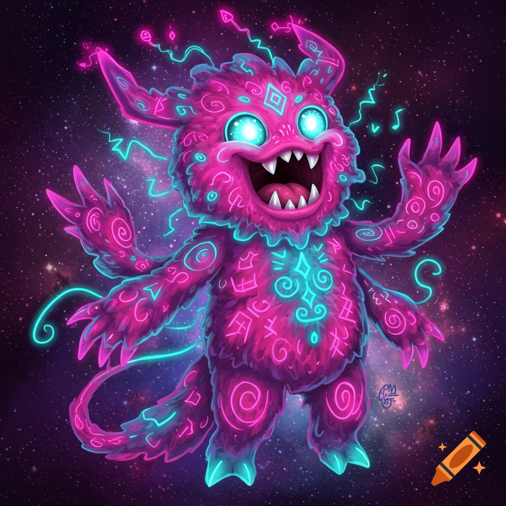 A fluffy pink monster with glowing blue eyes and symbols stands in space, surrounded by glowing plasma energy.