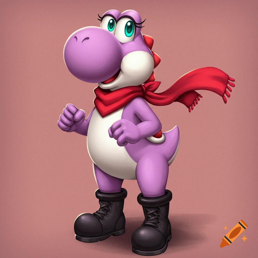 A purple Yoshi wearing a red scarf and black boots stands against a pink background.