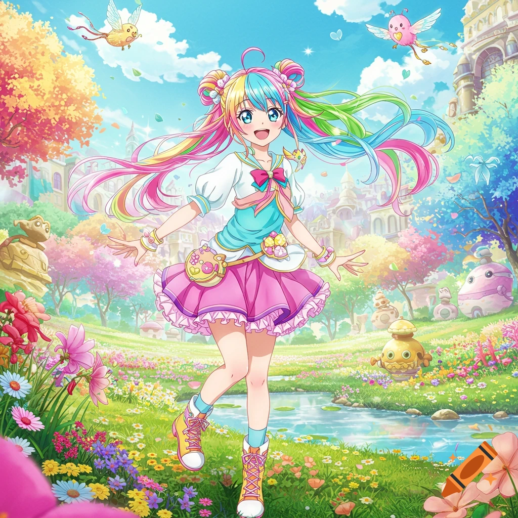 Colorful anime girl with multi-colored hair in a vibrant fantasy landscape with flowers, stream, and birds.