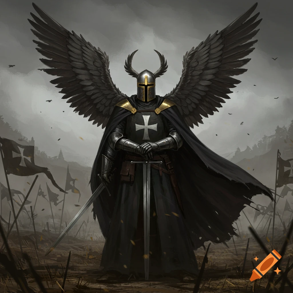 A knight with black wings and a cape stands on a battlefield with flags and swords.