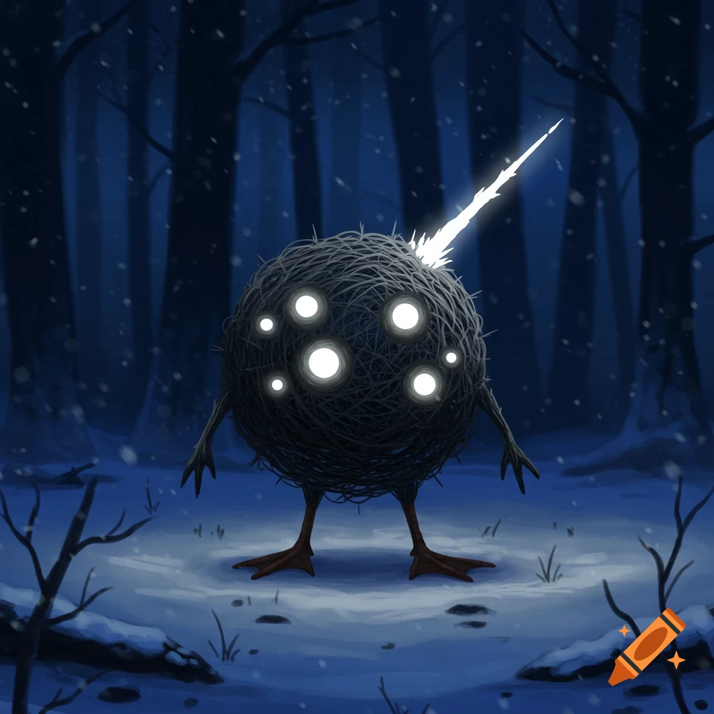 A round creature made of scribbles with glowing eyes, duck feet, and a glowing spike on its head stands in a snowy forest.