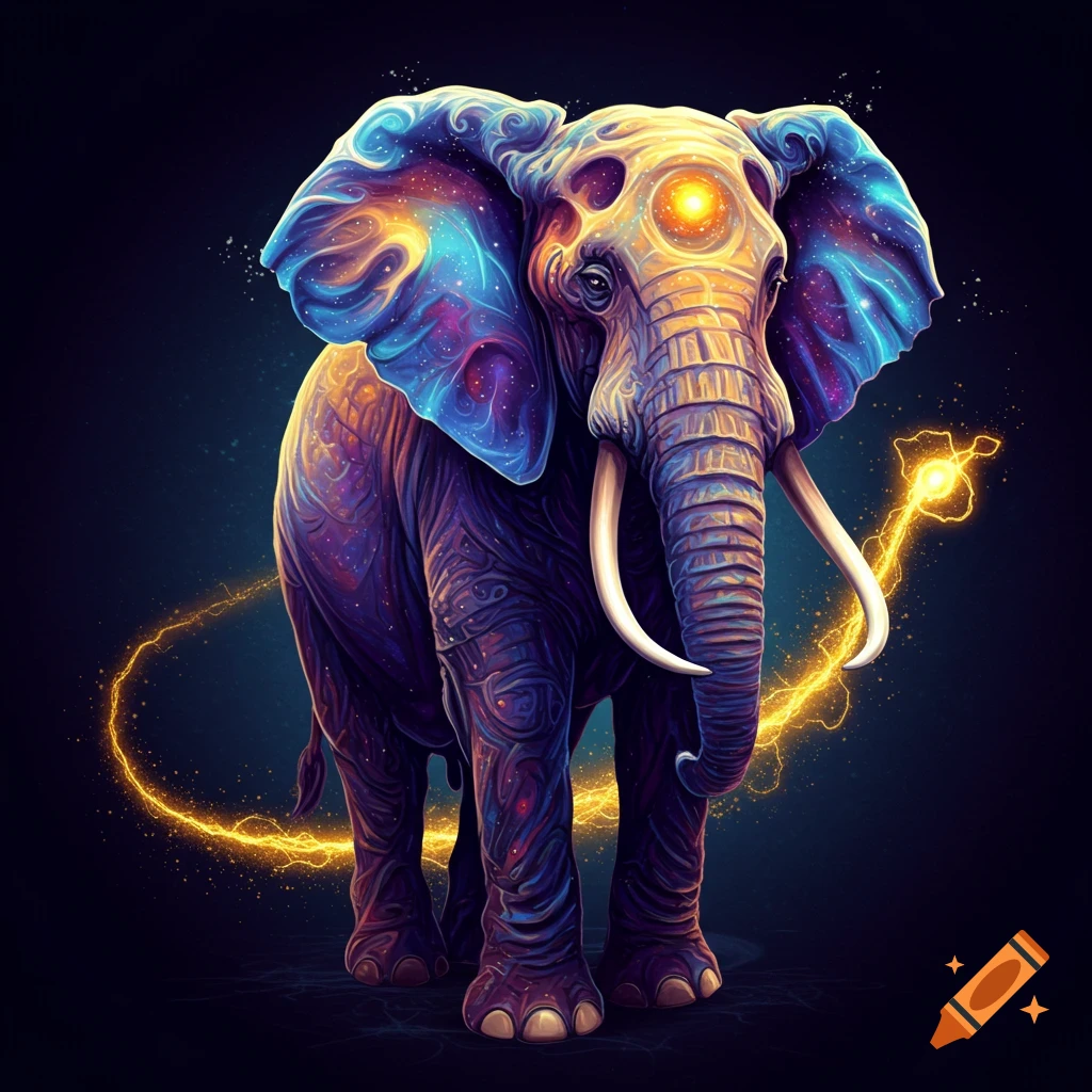 A stylized image of an elephant with cosmic patterns and energy trails.