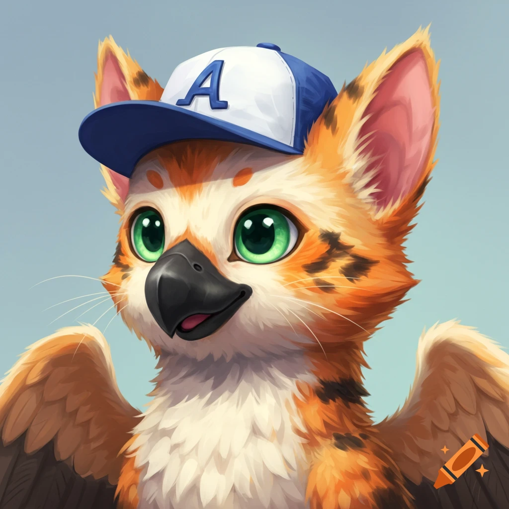 A cute calico gryphon character wearing a blue and white baseball cap with an A.