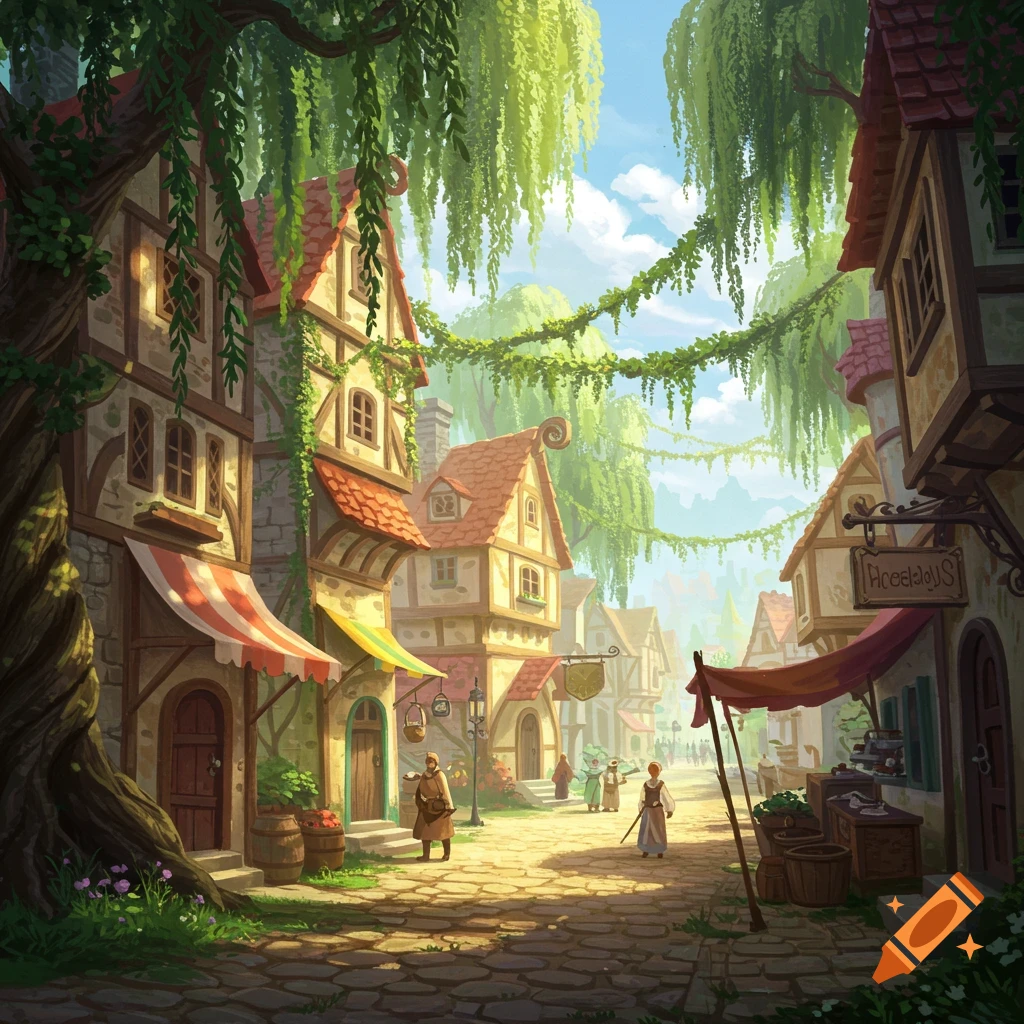 A fantasy village street with half-timbered buildings, cobblestones, people, and hanging willow branches.