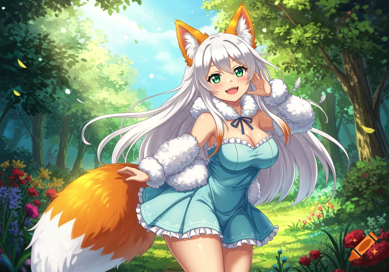 Anime fox girl in a blue dress smiling in a forest