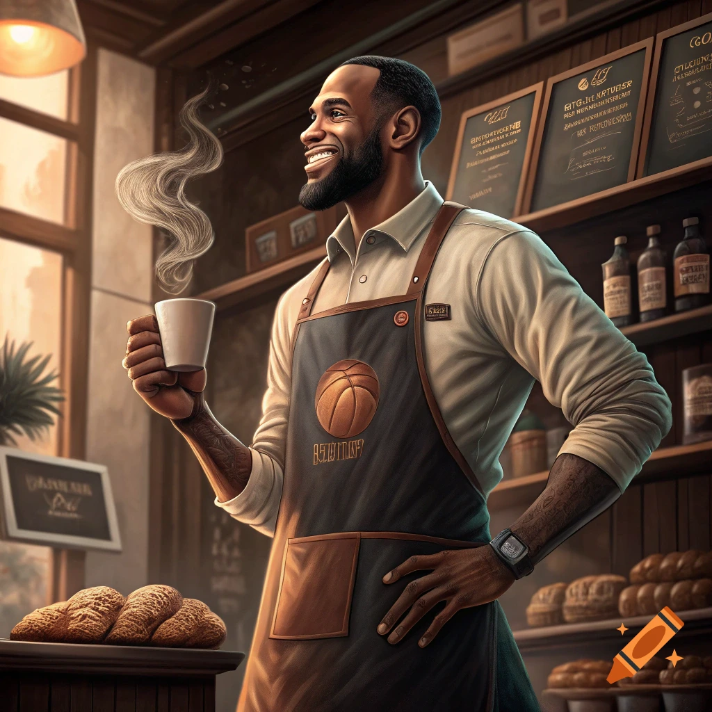 A man wearing a cafe apron with a basketball logo holds a steaming coffee cup in a cafe.