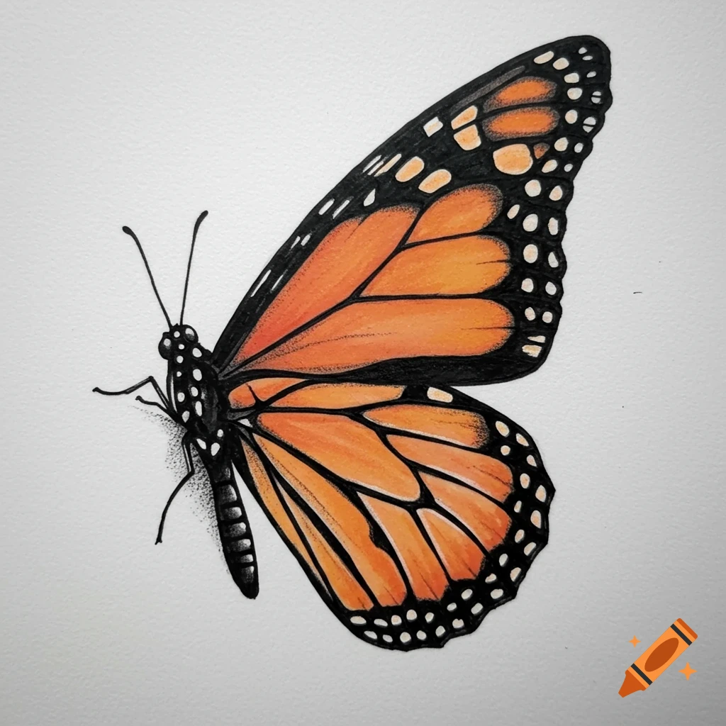 Illustration of a monarch butterfly with one wing in a tattoo style with shading