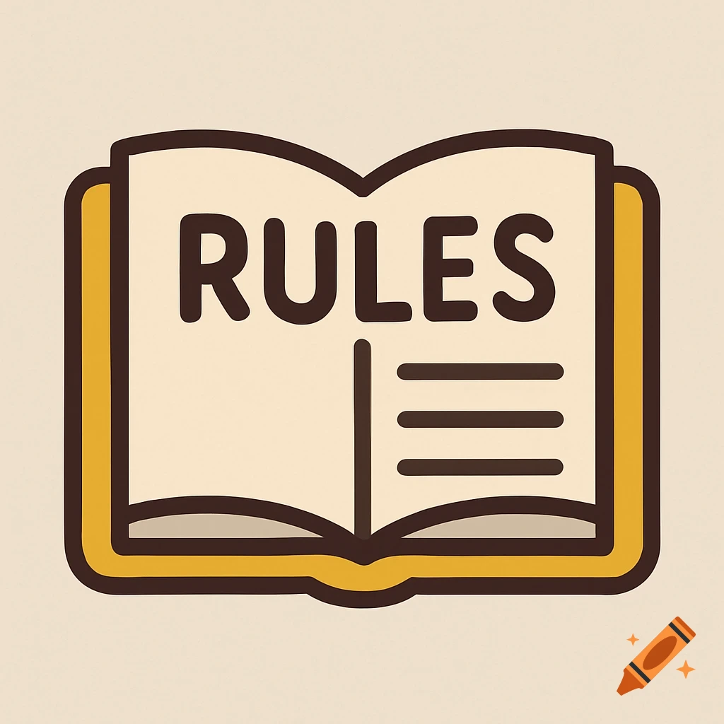 Cartoon icon of an open book with the word RULES on the pages.