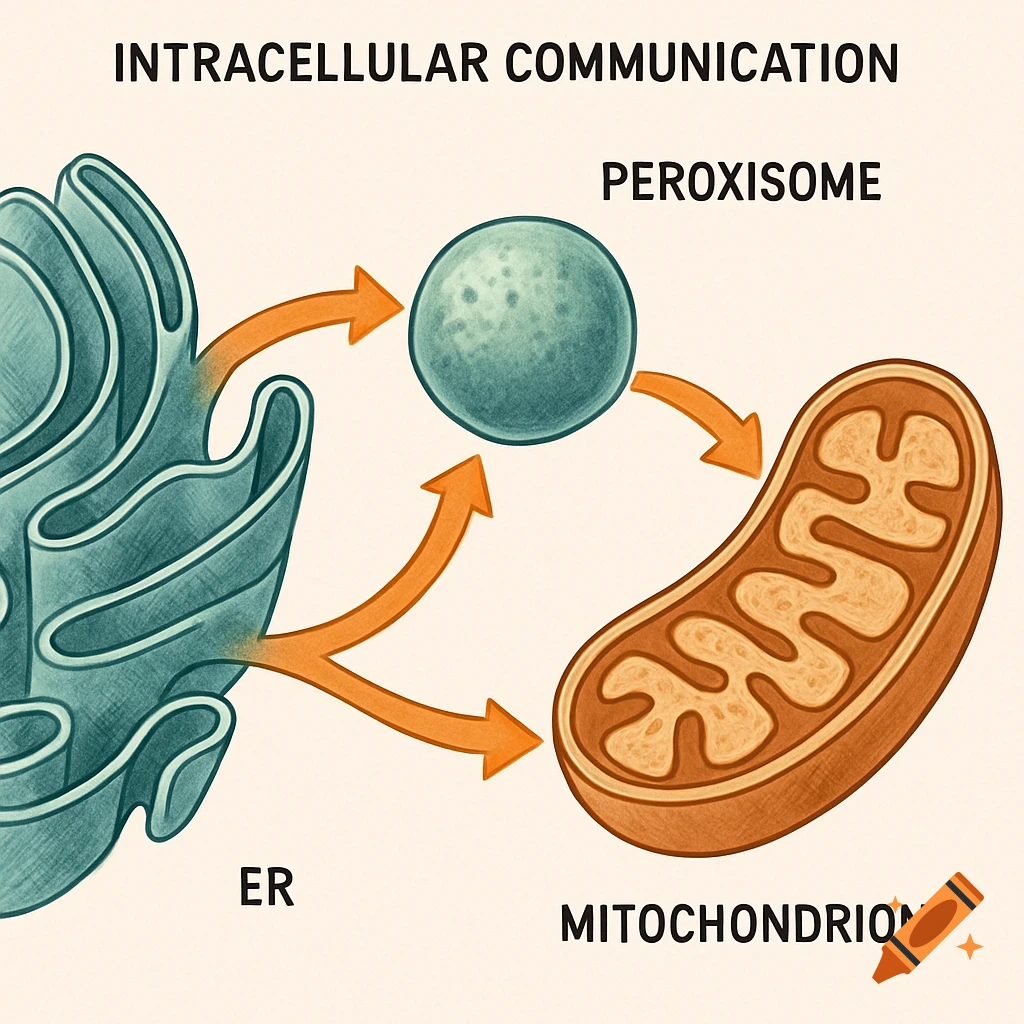 Illustration of intracellular communication between ER, peroxisome, and mitochondrion.