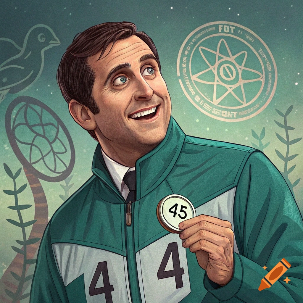 Stylized illustration of Michael Scott in a green tracksuit holding a 45 badge.