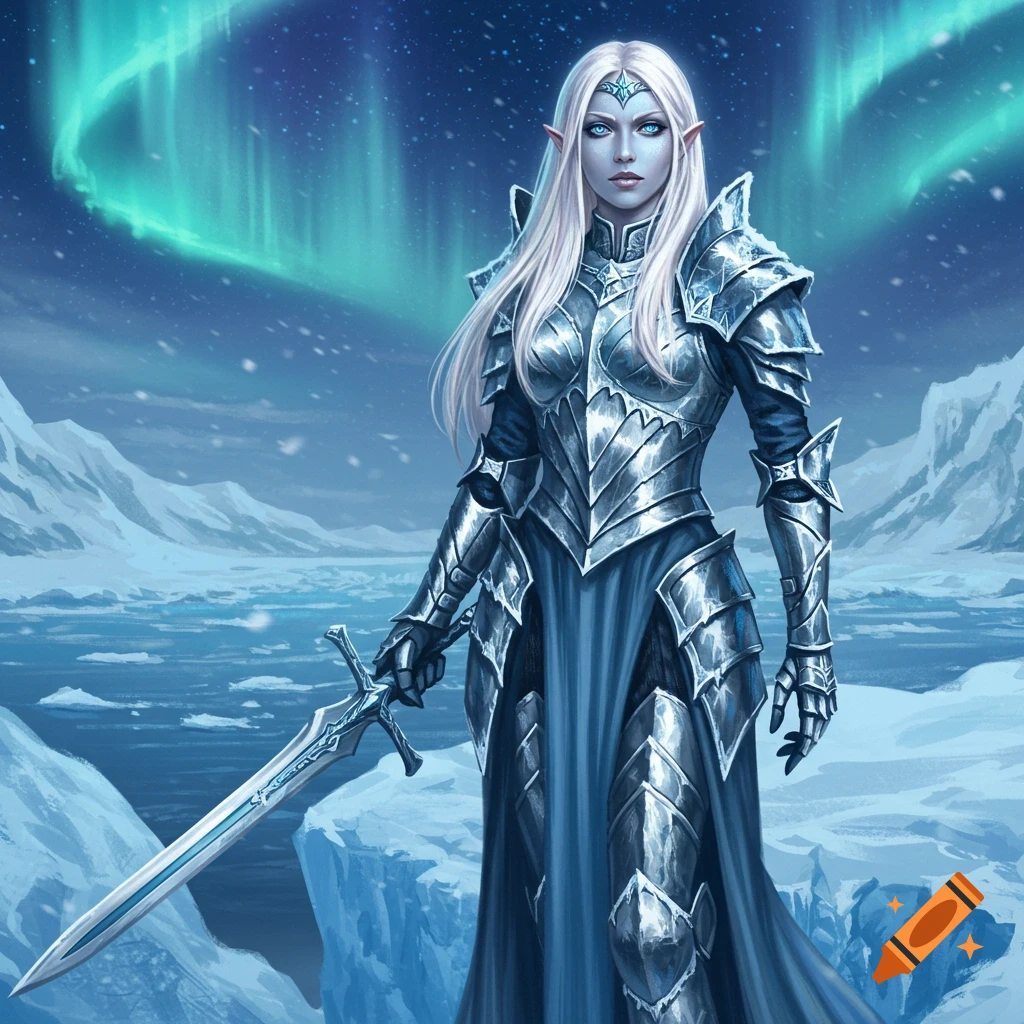 Ice elf princess in ornate armor holding a sword in a snowy landscape with an aurora.