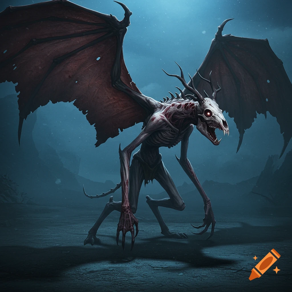 A winged, skeletal monster with glowing eyes stands in a foggy, desolate landscape.