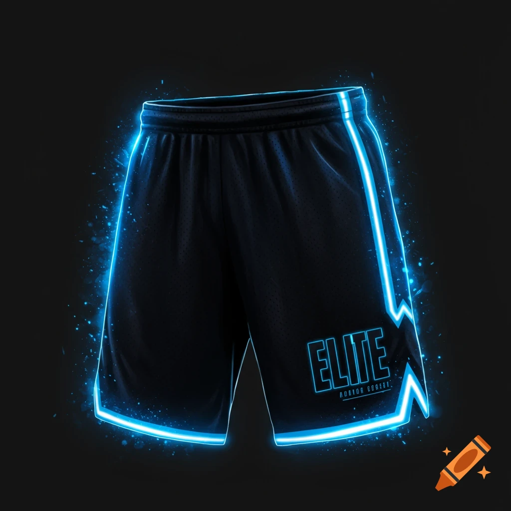 Black basketball shorts with blue neon outline and the text "ELITE" and "BOSTON BASKET".