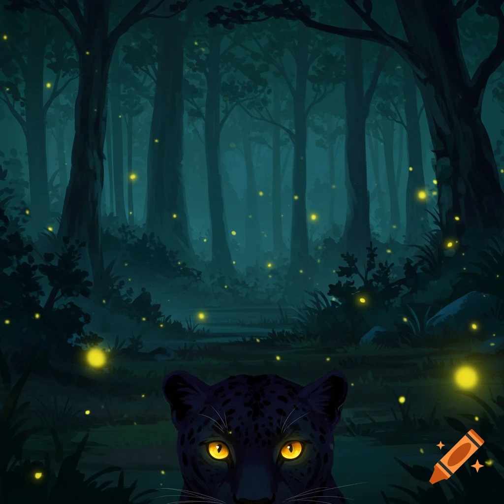 A black panther with glowing eyes sits in a dark, mystical forest filled with glowing fireflies.
