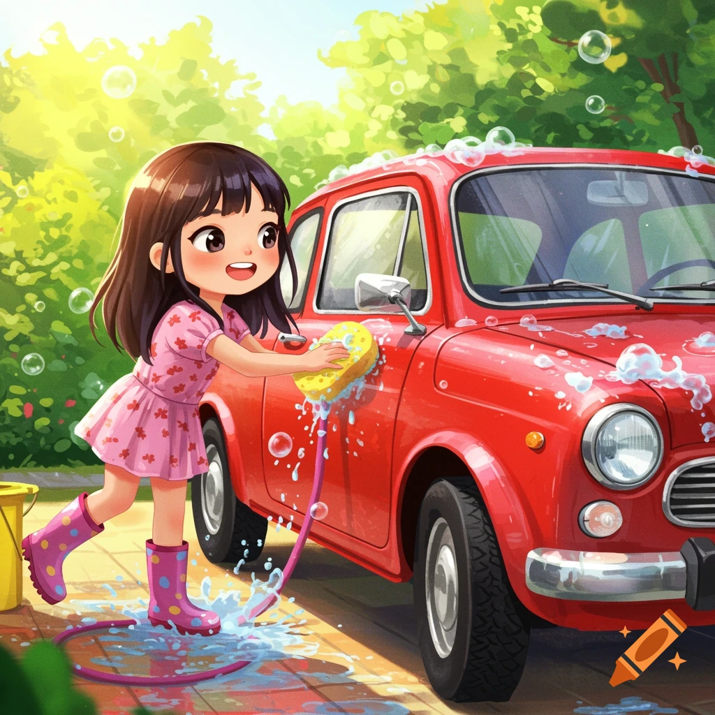 Cute anime girl washing a red vintage car.