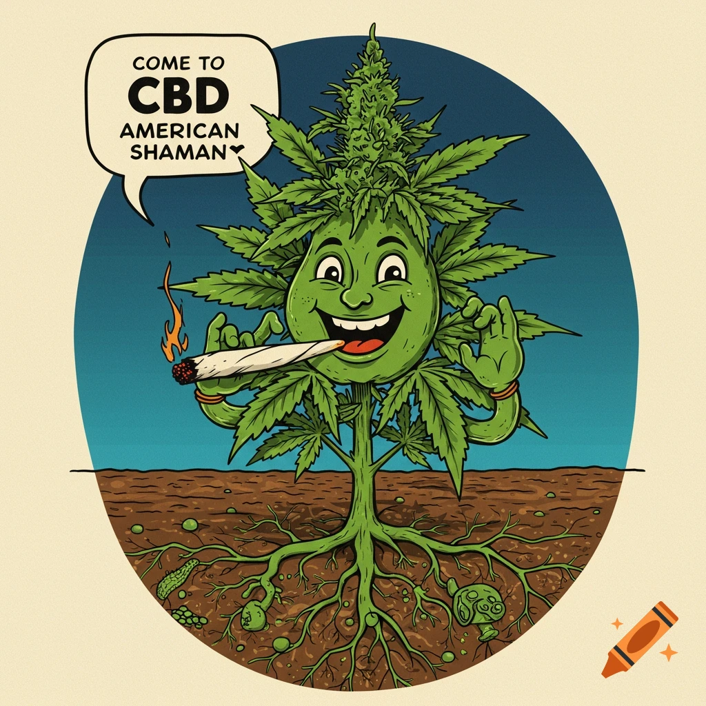 Cartoon illustration of a happy cannabis plant smoking a joint and speaking in a speech bubble.