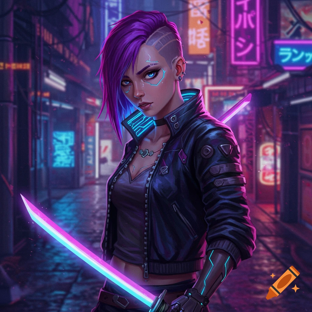 A woman with purple hair and cybernetic enhancements holds glowing swords in a neon-lit cyberpunk city.