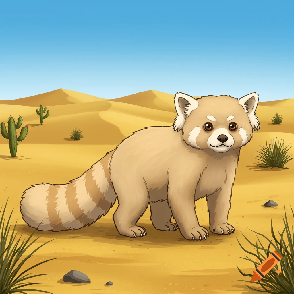 A cartoon red panda stands in a sandy desert landscape with cacti and dunes.