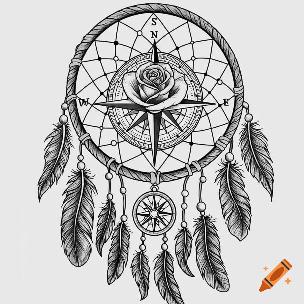 Black and white drawing of a dreamcatcher with a compass and rose in the center, feathers and beads hanging.