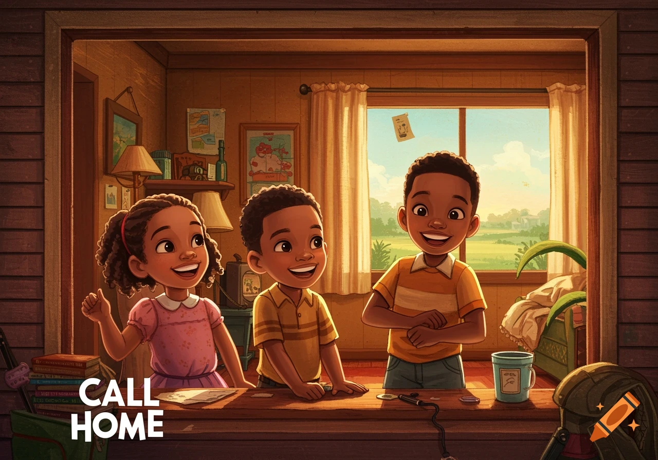 Three Black children smiling in a cozy room, with text 'CALL HOME'.