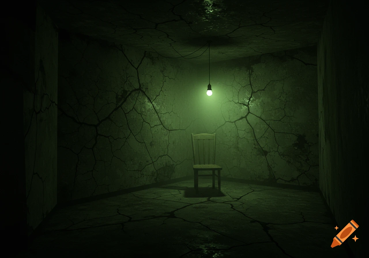 Dark, abandoned room with cracked walls, chair, and dim green light.
