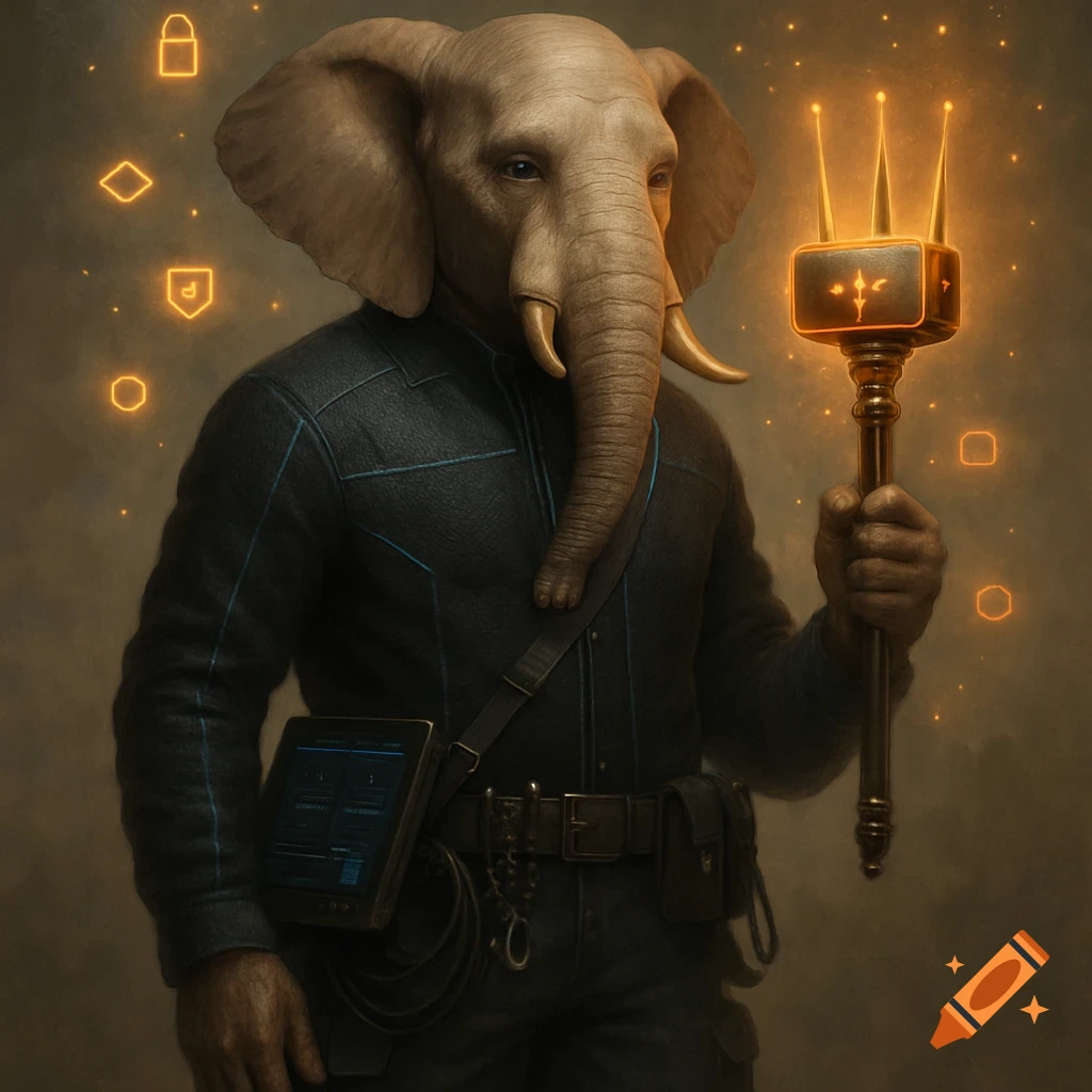 An elephant-headed hybrid in a tech outfit holding a glowing staff surrounded by digital icons.