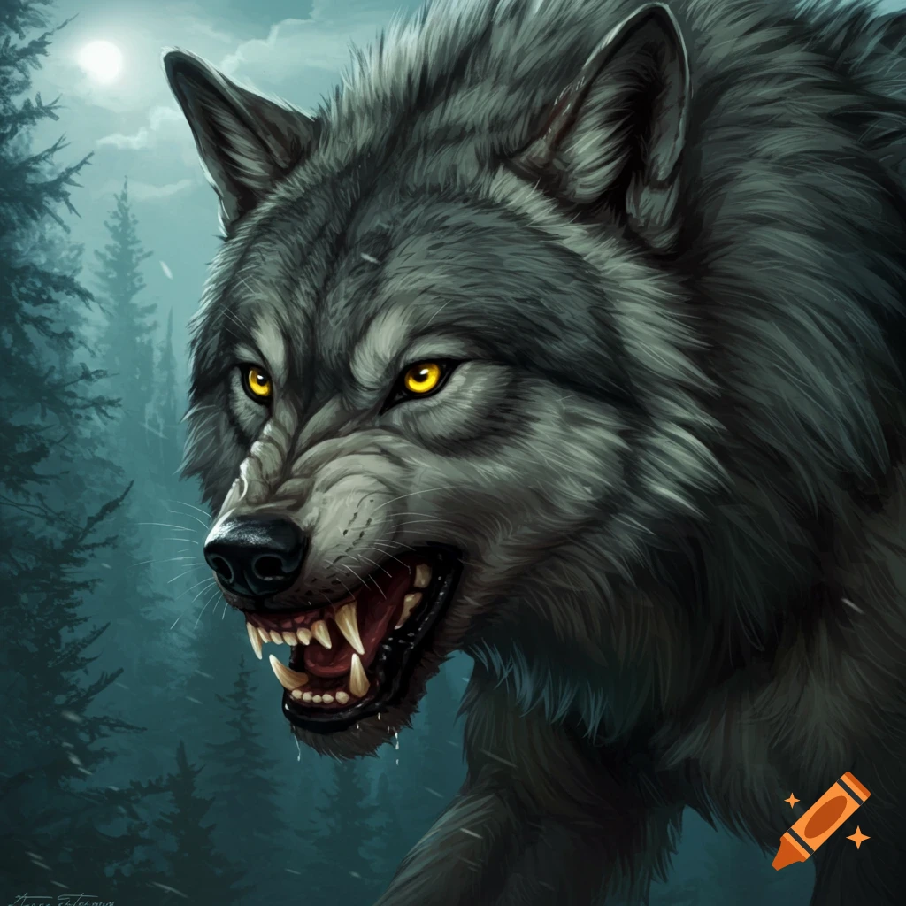 A snarling wolf with yellow eyes is in a dark forest.