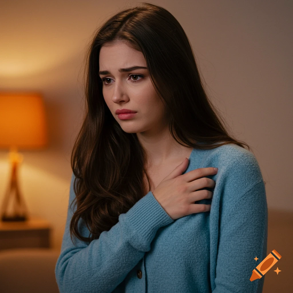 A photograph of a young woman in a blue cardigan, holding her chest with a distressed expression.