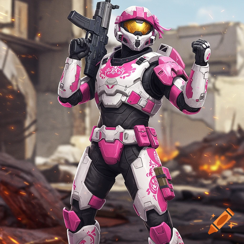 A character in pink and white sci-fi armor holds a gun in a destroyed environment.