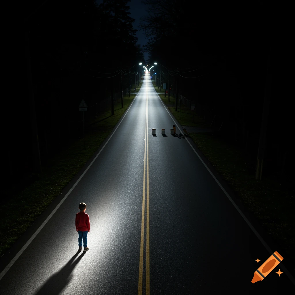 A young boy stands on a dark, empty road at night, lit by a patch of light, looking towards distant streetlights.