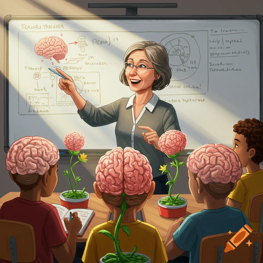 Teacher points at a whiteboard while students with brain plants watch in a classroom.