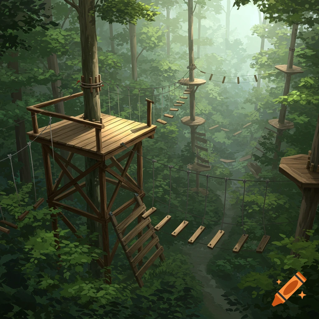 A high ropes course with wooden platforms and bridges is set amidst a lush forest.