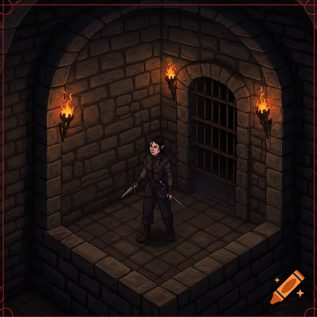 A rogue character holding daggers in a stone dungeon with torches and a barred gate.