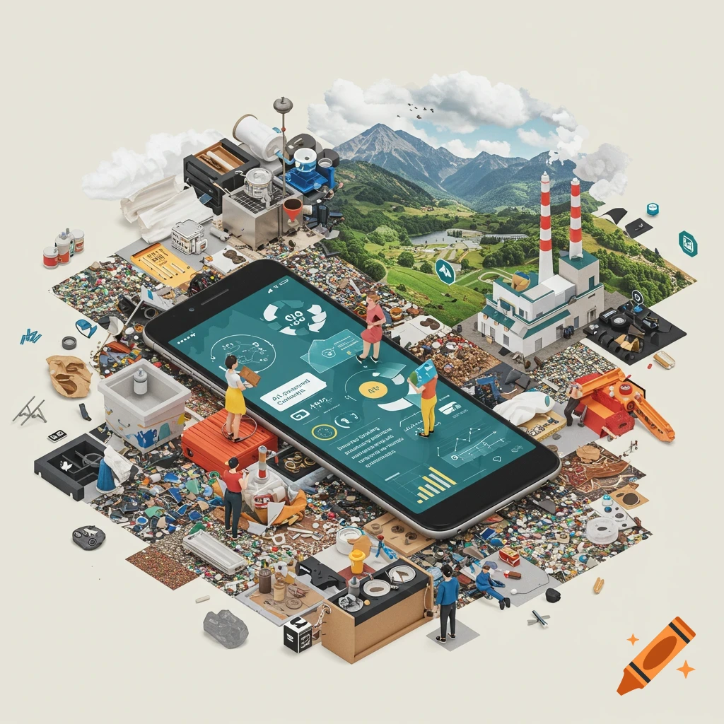 Isometric illustration of a phone displaying circular economy data, surrounded by waste, recycling facilities, and nature.