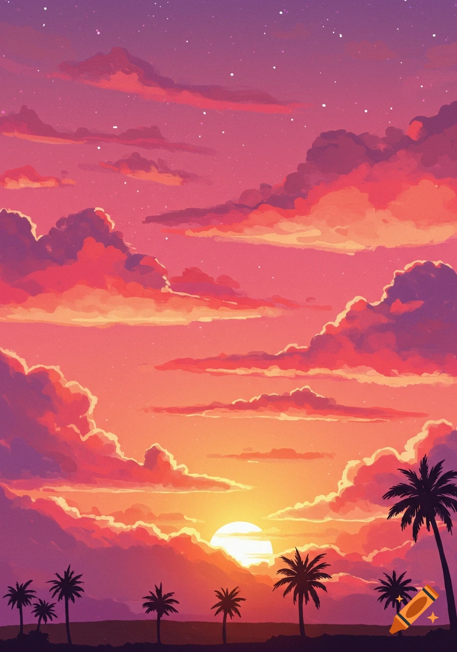A vibrant sunset with pink and orange clouds over silhouetted palm trees.