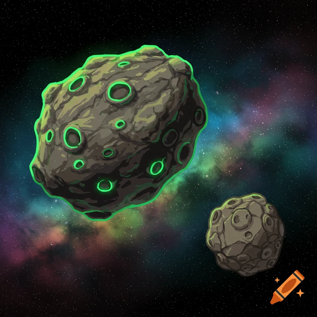 Two asteroids, one large with green glowing holes and a smaller one, against a colorful nebula background.