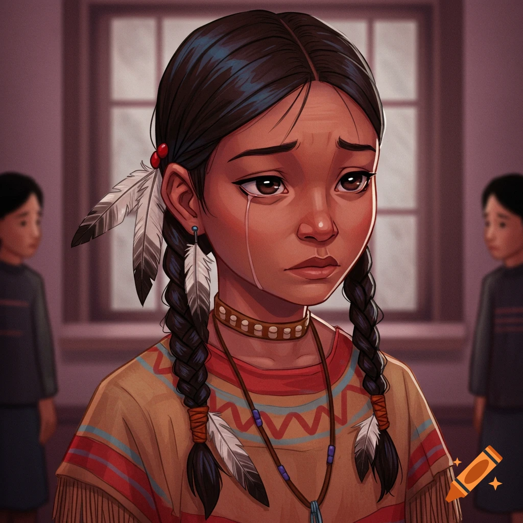 A young Indigenous girl crying, wearing traditional clothing and feathers.