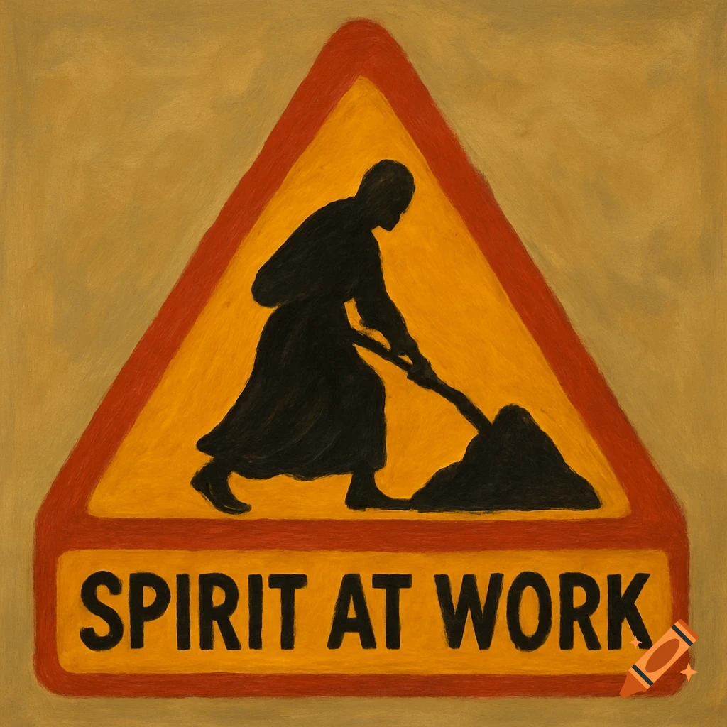 Yellow triangle work sign with a silhouette digging and text 'SPIRIT AT WORK'.