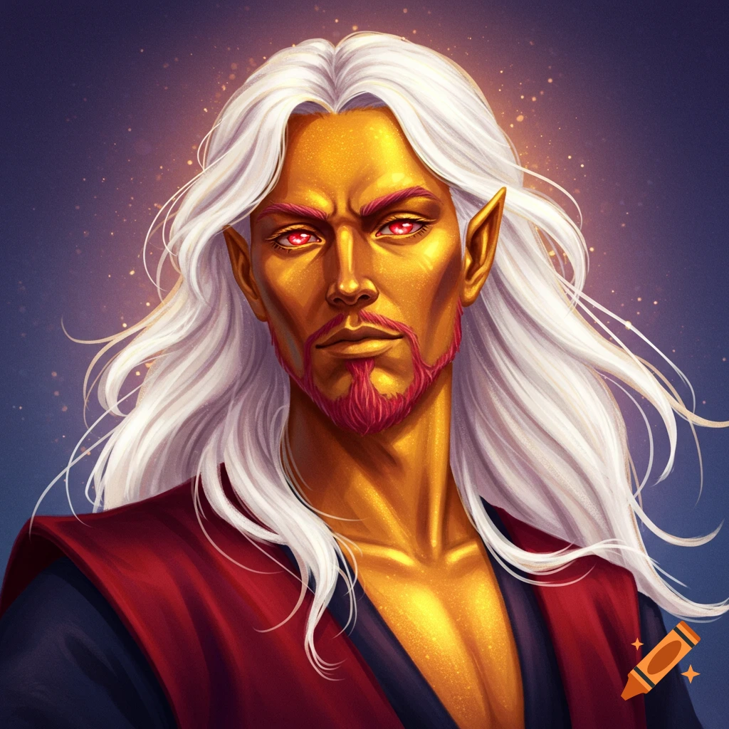 A fantasy character with golden skin, red eyes, white hair, and red goatee.