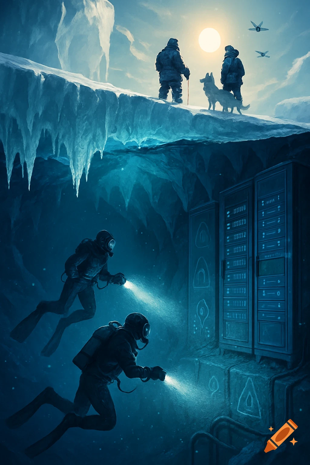 Split scene illustration: explorers & dog on icy surface, divers in underwater cave with glowing servers & carvings below. Ice formations & sunlight above.
